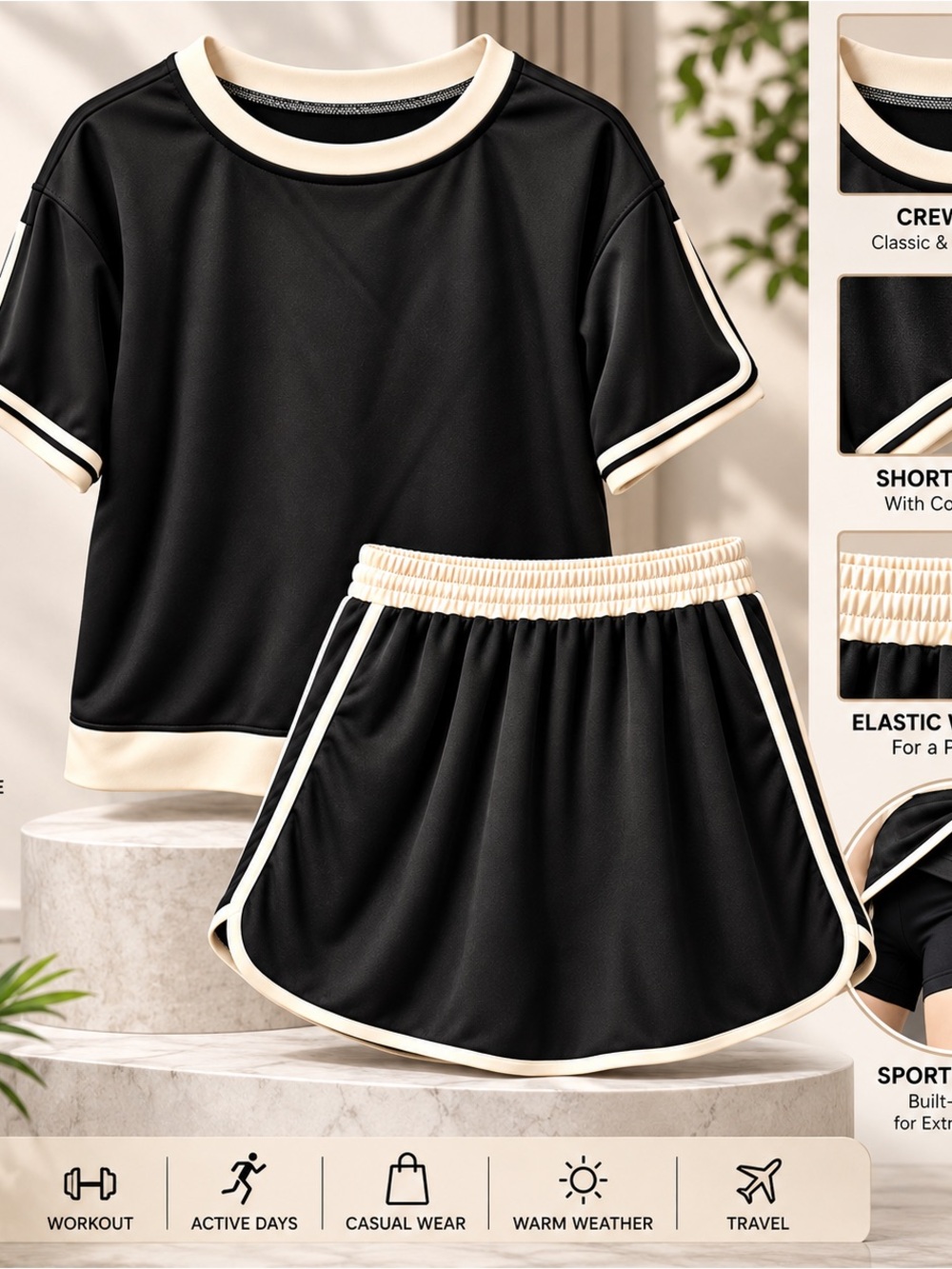 SHEIN Black Athletic 2 Piece Skort Set w/Cream Trim